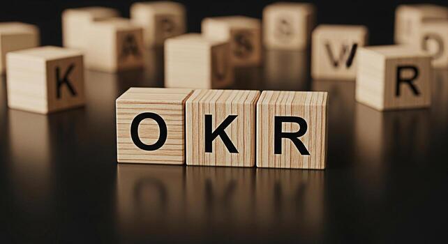Wooden blocks spelling OKR on a dark reflective surface representing Objectives and Key Results in a business setting conveying a sense of focus strategy and goaloriented planning for success photo