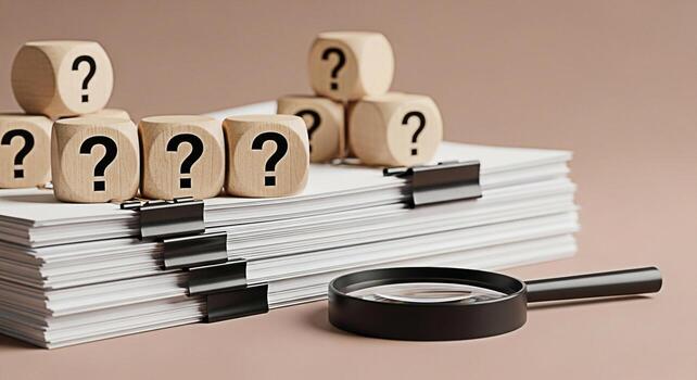 Wooden question mark blocks resting on a stack of papers with binder clips and a magnifying glass in a neutral setting representing uncertainty investigation and the search for answers photo