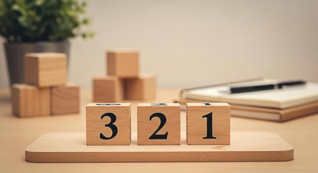 Wooden number blocks displaying 321 on a wooden surface in a bright minimalist office setting symbolizing countdown preparation and anticipation for a new project or event with a clean and organized f photo