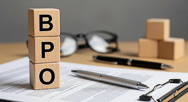 Wooden blocks spelling BPO stacked on a desk with documents pens and glasses representing business process outsourcing and efficient workflow in a professional office environment conveying a sense of photo