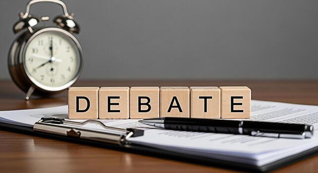 Wooden blocks spelling Debate on a clipboard with a pen and alarm clock on a wooden desk representing the importance of discussion critical thinking and time management in decisionmaking processes photo