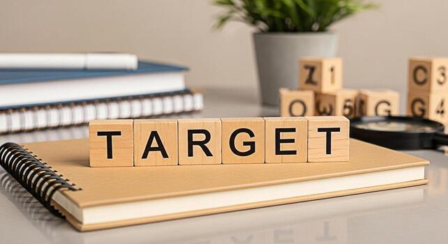 Wooden blocks spelling TARGET resting on a notebook in a bright office setting symbolizing focus goals and achievement in business and personal development with a motivational and strategic mood photo