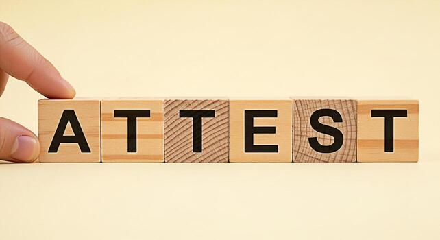 Human hand arranging wooden blocks spelling ATTEST on a beige background symbolizing confirmation verification and assurance of quality and authenticity in a bright and minimalist setting photo