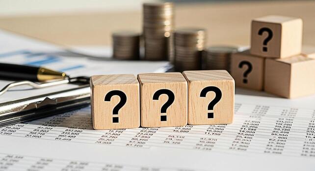 Wooden blocks displaying question marks on financial documents with stacked coins symbolizing uncertainty and risk assessment in business and investment decisions in a complex economic environment photo