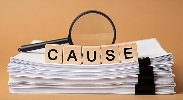 Magnifying glass examining the word CAUSE spelled out in wooden blocks on a stack of white paper in a bright studio setting representing investigation and problemsolving photo