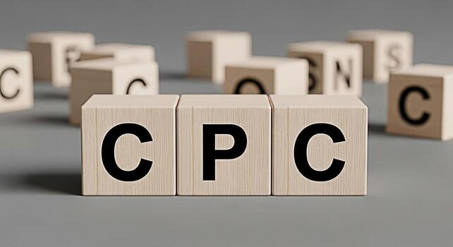 Wooden blocks displaying CPC on a gray surface representing cost per click advertising in a simple conceptual and minimalist studio setting ideal for marketing and business strategy visualizations photo