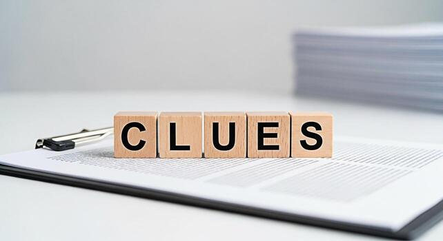 Wooden blocks spelling CLUES resting on a document on a clipboard in a bright clean office environment representing problemsolving investigation and the search for answers with a sense of mystery photo