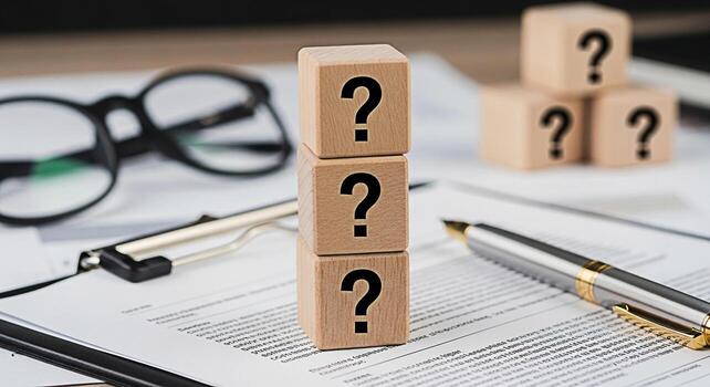 Wooden blocks displaying question marks on a desk with paperwork and glasses representing uncertainty and the need for answers in business and decisionmaking processes creating a sense of inquiry photo