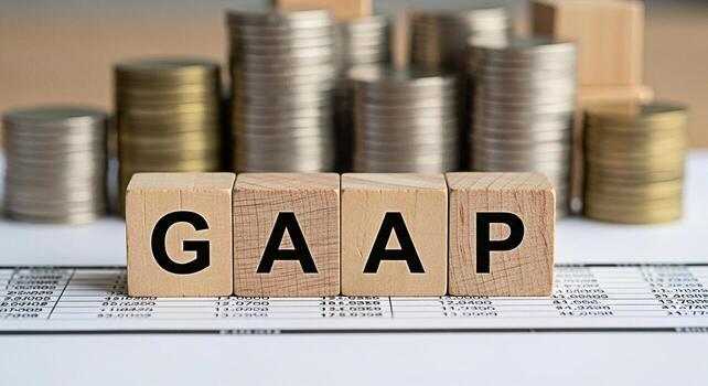 Wooden blocks spelling GAAP resting on financial statements with stacks of coins in the background representing financial compliance and adherence to accounting standards in a business setting photo