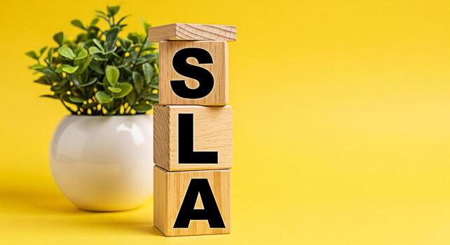 de madera bloques mostrando Sla en un vibrante amarillo antecedentes siguiente a un en conserva planta simbolizando Servicio nivel acuerdo y compromiso a calidad y cliente satisfacción en un negocio ajuste foto