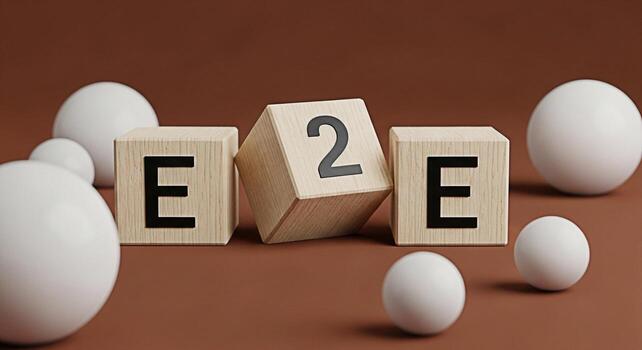 de madera bloques ortografía e2e en un marrón superficie rodeado por blanco esferas representando de extremo a extremo cifrado y seguro comunicación en un minimalista y moderno ajuste foto