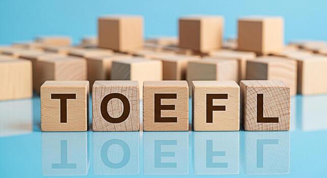 TOEFL test preparation concept with wooden blocks spelling out TOEFL on a blue reflective surface representing education learning and the importance of standardized English language testing photo