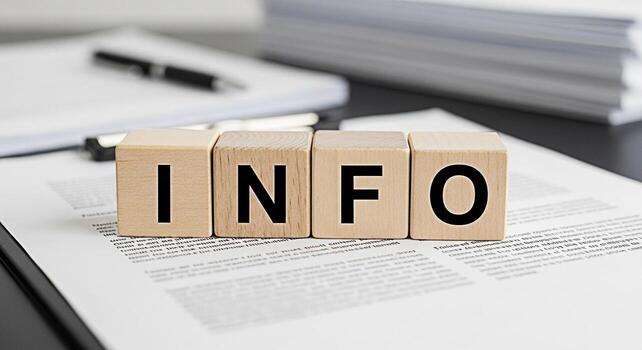 Wooden blocks spelling INFO resting on a printed document in a bright office setting conveying a sense of information knowledge and importance for business education and communication purposes photo