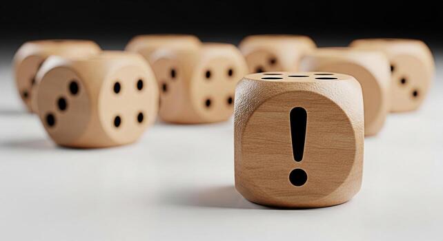 Wooden dice with an exclamation mark standing out from the crowd on a white surface symbolizing warning risk attention and the importance of being different in a competitive environment photo