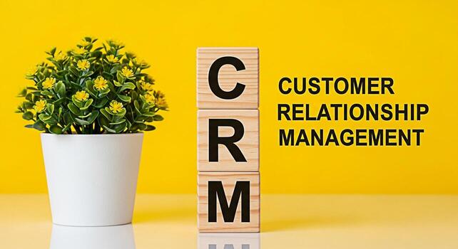 Wooden blocks displaying CRM next to a potted plant on a yellow background representing customer relationship management strategies for business growth and improved customer satisfaction in a modern o photo