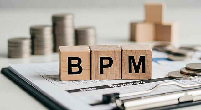 de madera bloques ortografía bpm en un financiero reporte con pilas de monedas representando negocio proceso administración en un financiero ajuste transporte eficiencia y estratégico planificación foto