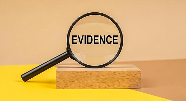 Magnifying glass focusing on the word Evidence on a wooden block against a twotone background symbolizing investigation truthseeking and the importance of factual information in a clear and concise ma photo