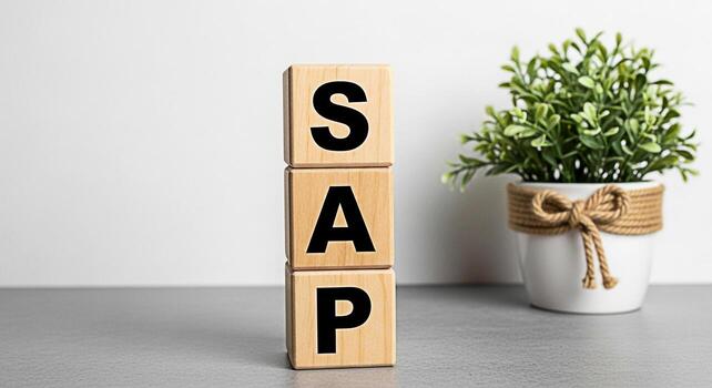 Wooden blocks spelling SAP in a bright office environment symbolizing enterprise resource planning and business process management with a clean and modern aesthetic conveying efficiency and innovation photo