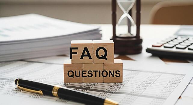 Wooden blocks displaying FAQ Questions on a financial document symbolizing information and guidance within a business setting fostering a sense of clarity and understanding for customers photo