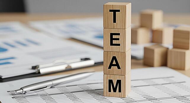Wooden blocks spelling TEAM stacked on a desk with financial reports and a pen symbolizing collaboration and success in a business environment fostering a sense of teamwork and achievement photo