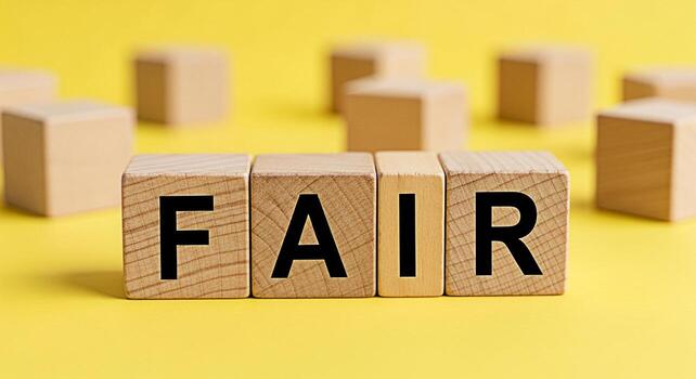 de madera bloques ortografía justa en un vibrante amarillo antecedentes simbolizando justicia igualdad y imparcialidad en un brillante y optimista ajuste promoviendo justicia y ético consideraciones foto