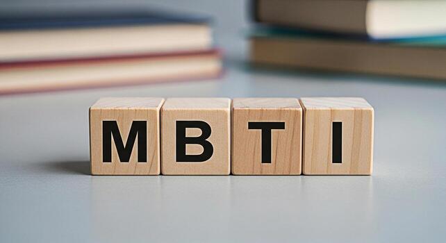 Wooden blocks displaying MBTI acronym on a table with books in the background representing personality assessment and psychological types in a calm and educational setting conveying concepts of selfdi photo