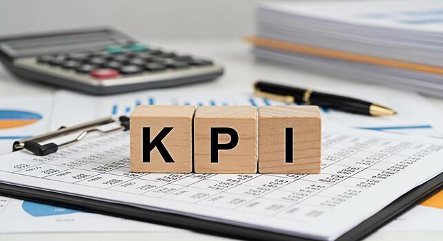 Wooden blocks displaying KPI on a financial report in a bright office setting symbolizing performance measurement and business success with a calculator pen and documents in the background photo