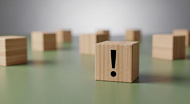 Wooden block displaying an exclamation mark symbol on a green surface surrounded by other blocks creating a sense of urgency and highlighting the importance of attention to detail in problemsolving photo