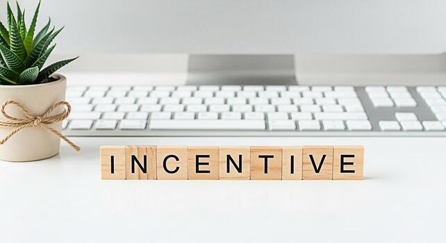 Wooden blocks spelling Incentive on a white desk with a computer keyboard and a succulent plant symbolizing motivation and rewards in a modern workplace fostering a positive and productive environment photo
