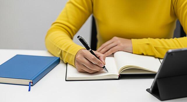 Focused student in a yellow sweater diligently writing notes in a notebook at a bright desk capturing the essence of academic dedication and a commitment to learning and personal growth photo