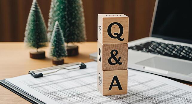 Wooden blocks spelling QA on a desk with financial reports and miniature Christmas trees representing questions and answers in business information and holiday season planning with a warm inviting moo photo
