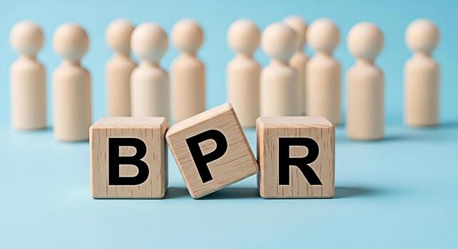 Wooden figures observing wooden blocks spelling BPR on a blue background symbolizing Business Process Reengineering and strategic organizational change for improved efficiency and performance photo