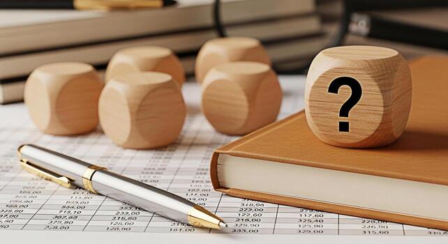 Wooden dice with a question mark resting on a tan book surrounded by financial documents and a pen symbolizing uncertainty in business and the need for strategic planning in a complex financial enviro photo