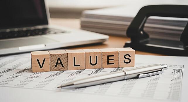 Wooden blocks spelling VALUES resting on a financial document in a bright office setting symbolizing core principles and ethical business practices promoting trust and longterm success photo