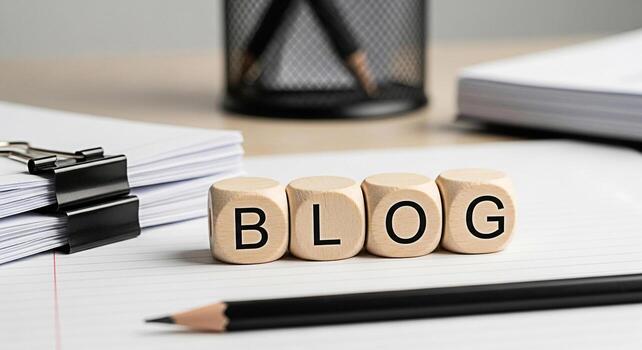 Wooden blocks spelling BLOG on a lined notepad with a pencil symbolizing content creation and online writing in a bright organized workspace conveying a sense of creativity and productivity photo