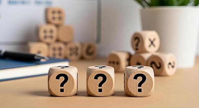 Wooden dice displaying question marks on a desk in a bright office setting representing uncertainty problemsolving and the need for answers in business and personal life creating a sense of curiosity photo
