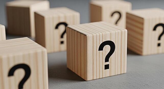 Wooden blocks displaying question marks on a gray surface representing uncertainty and the search for answers evoking curiosity and the exploration of unknown possibilities in a minimalist setting photo