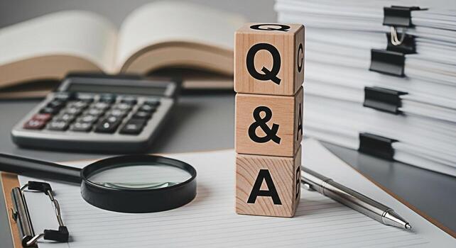 Wooden blocks displaying QA on a desk with a magnifying glass and documents representing research and problemsolving in a business or educational setting conveying a sense of inquiry and analysis photo
