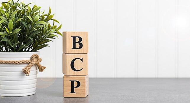 Wooden blocks spelling BCP stacked next to a potted plant on a gray surface in a bright minimalist setting symbolizing business continuity planning and a focus on resilience and preparedness photo