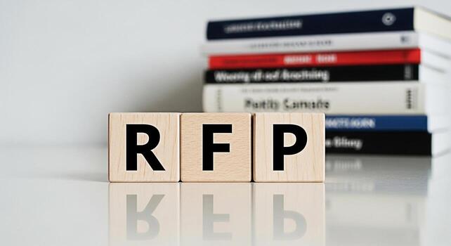 Wooden blocks spelling RFP on a reflective surface with a stack of books in the background representing a request for proposal in a business and educational setting conveying a sense of formality and photo
