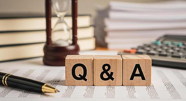 Wooden blocks displaying Q A on a financial report with a pen calculator books and hourglass in the background representing questions and answers in a business and educational setting photo