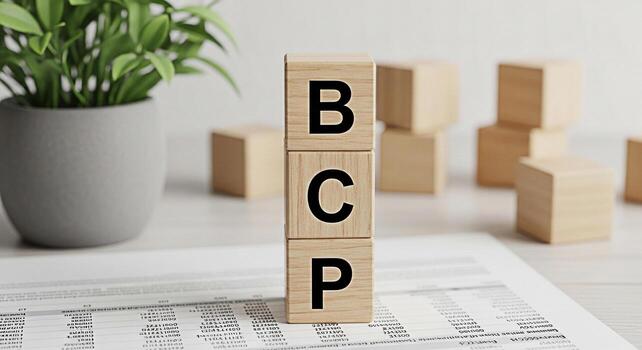 Wooden blocks displaying BCP on a bright desk with financial reports and a plant symbolizing Business Continuity Planning and resilience in a modern office environment conveying stability and prepared photo