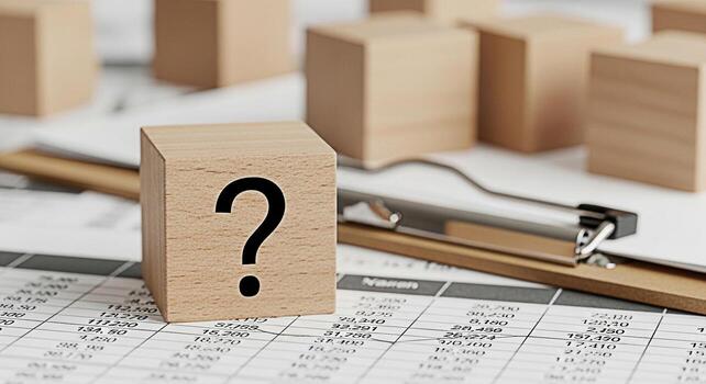 Wooden block displaying a question mark resting on financial data sheets symbolizing uncertainty and analysis in business planning and investment strategies in a modern office environment photo
