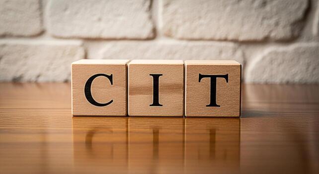 Wooden blocks spelling CIT on a reflective wooden surface against a textured brick wall representing concepts of communication information and technology in a modern and minimalist setting photo