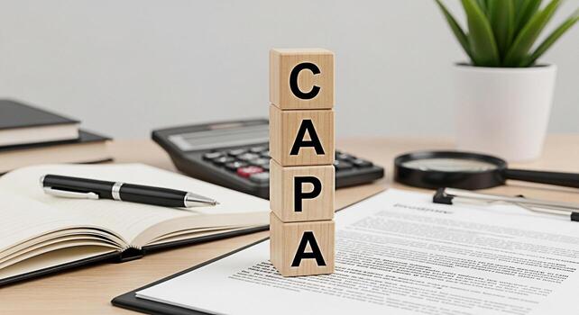 CAPA wooden blocks standing on a desk with an open notebook pen calculator and documents representing corrective and preventive action for quality control and continuous improvement in a business sett photo