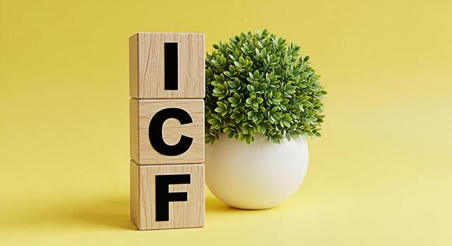 ICF letters stacked on wooden blocks next to a potted plant against a yellow background representing the concept of International Classification of Functioning Disability and Health and wellbeing photo
