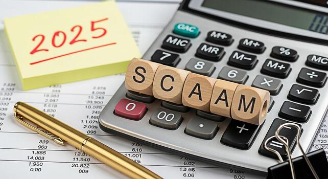 Financial scam concept with wooden blocks spelling SCAM on a calculator next to a sticky note with 2025 written on it representing potential fraud and financial risk in the coming year creating a sens photo