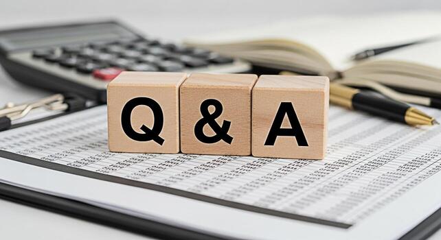 Wooden blocks displaying QA on a financial report in a bright office setting representing business questions and answers knowledge sharing and problemsolving in a corporate environment photo