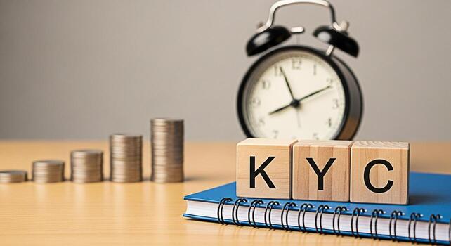 KYC wooden blocks resting on a blue notebook with an alarm clock and stacks of coins in the background representing compliance and financial growth in a timely manner on a wooden table photo