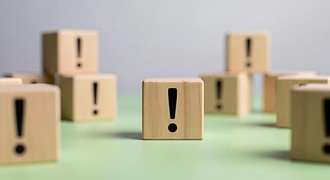 Wooden blocks displaying exclamation points on a green surface conveying a sense of urgency and importance in a clean minimalist environment ideal for highlighting key messages and critical informatio photo